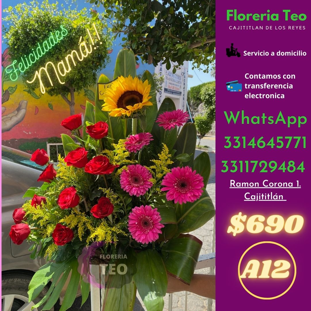 Arreglo Floral de Rosa, Gerbera y Girasol. A12