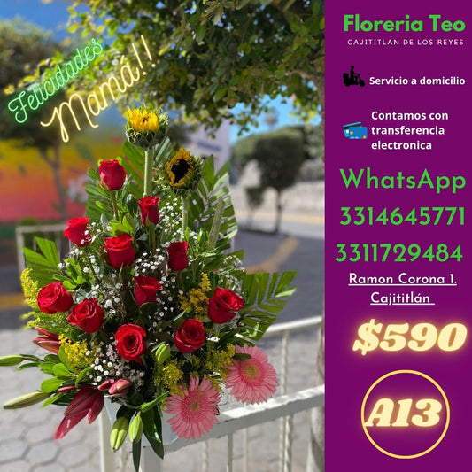 Arreglo Floral de Rosa, Gerbera y Girasol. A13