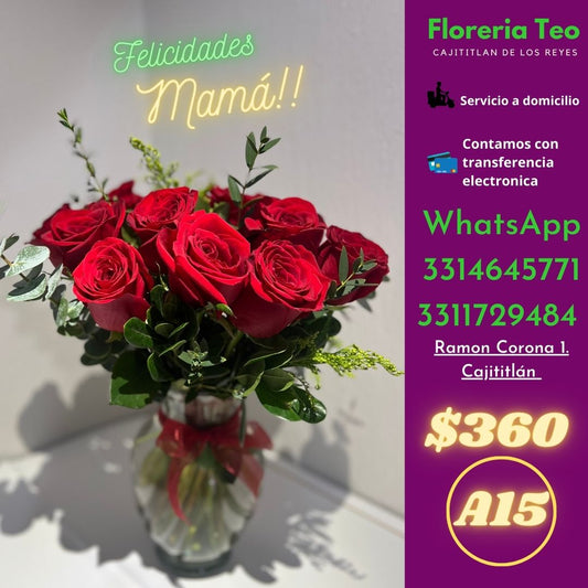 Jarron de cristal con 12 rosas. A15