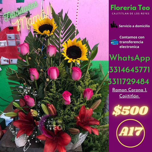 Arreglo Floral de rosa, Girasol y Lili. A17
