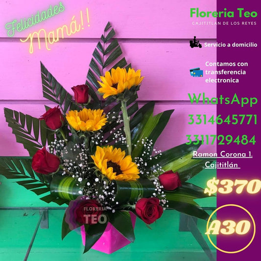 Arreglo Floral de Rosas y Girasol. A30