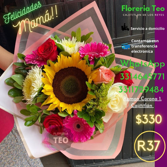 Ramo de Rosas, Girasol y Flor surtida. R37
