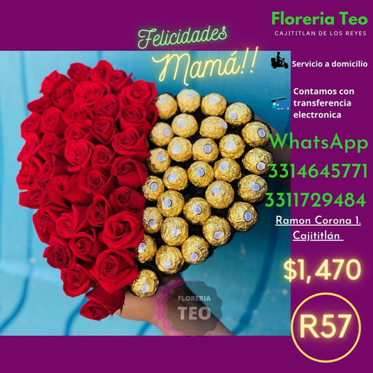 Arreglo de Rosas con Ferrero en forma de corazon. R57
