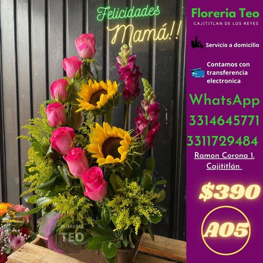 Arreglo Floral de Rosas y Girasol. A05