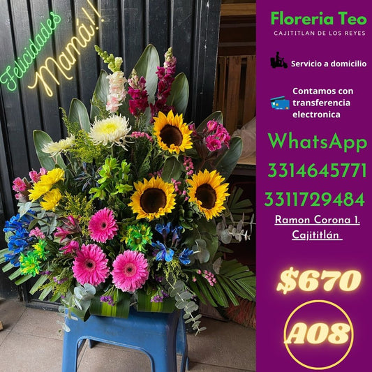 Arreglo Floral de Girasol y Gerberas. A08